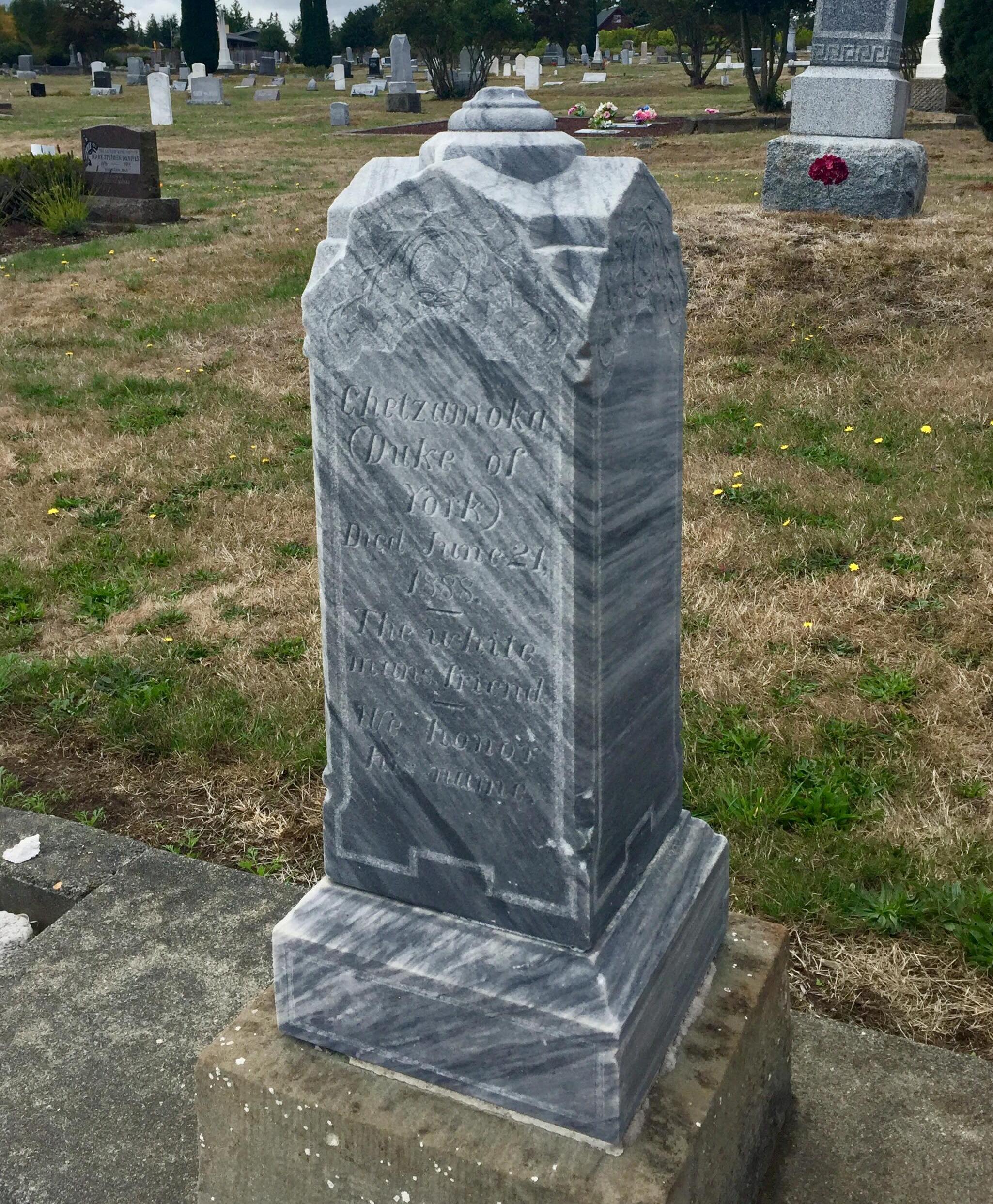 Chief Chetzemoka’s grave marker at Laurel Grove Cemetery in Port Townsend